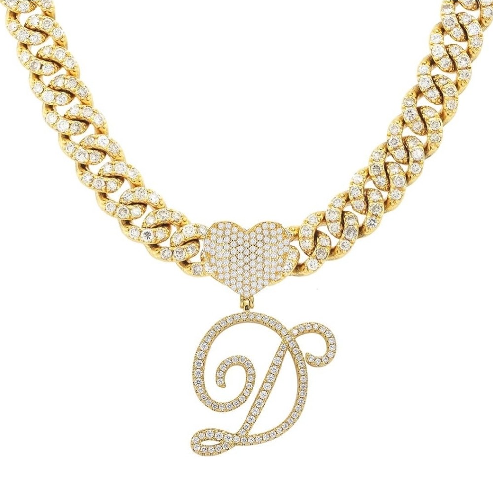 Initial Necklaces gold Cuban Link Chain for Women Iced Out Chain with heart